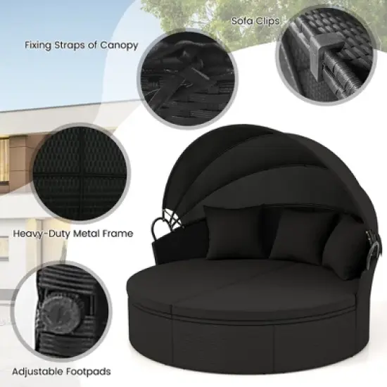 Tangkula Patio Round Daybed Wicker Daybed w/ Retractable Canopy Separated Seating Sectional Sofa image {5}
