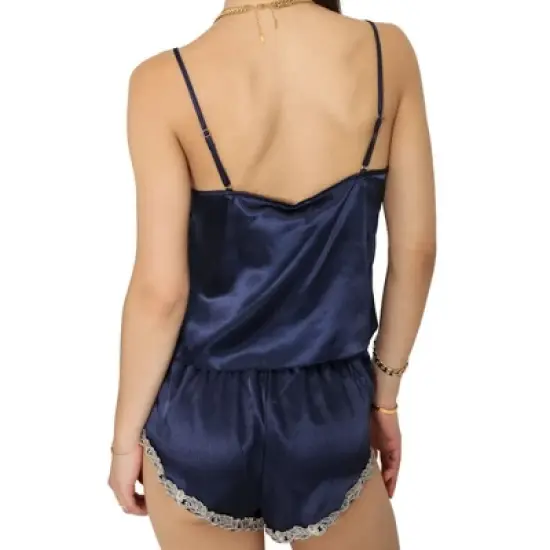 Anna-Kaci Lounge Women's Satin Pajama Set with Embroidered Lace Trim Cami Top and Elastic Waist Shorts image {1}