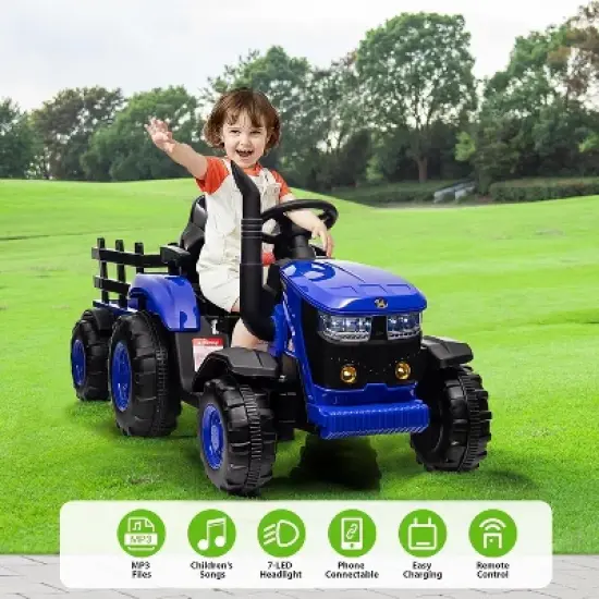 12V Kids Ride-On Tractor with Remote Control, Detachable Trailer, 35W Dual Motors, 3 Speed, 7 LED Lights, Durable Electric Farm Truck Toy image {2}