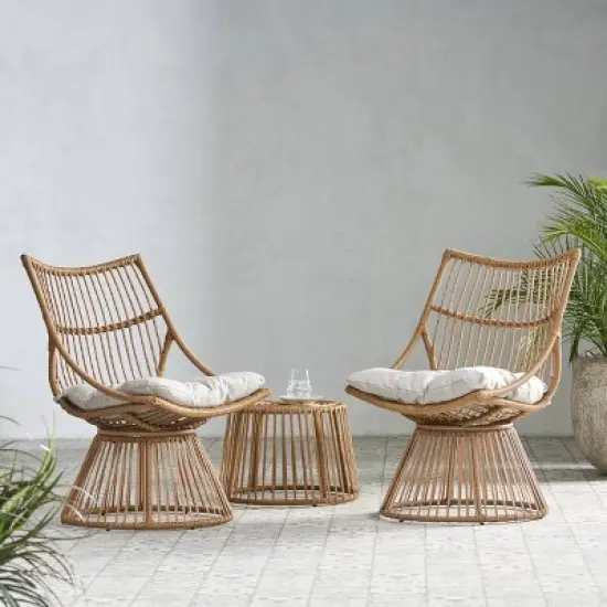 3pc Caryl Outdoor Wicker Chat Set with Cushions: High Back, Iron Frame - Christopher Knight Home image {4}