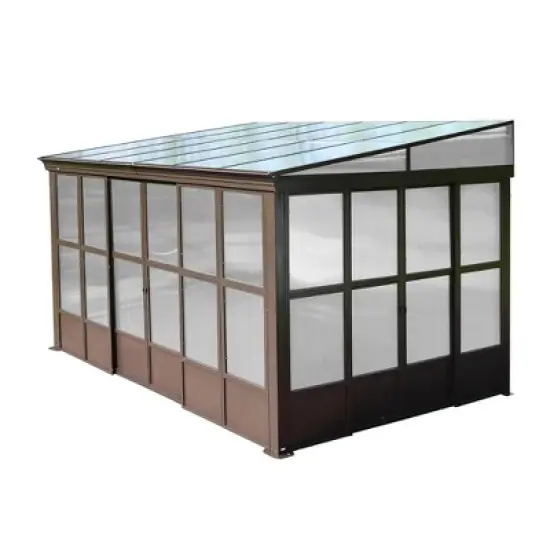 Mondawe 10x12FT Lean to Sunroom Wall Mounted Solarium with Sloping Polycarbonate Roof, Detachable Screens and 2 Lockable Sliding Doors image {12}