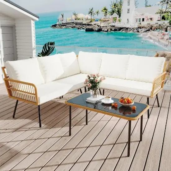 4 Pieces Outdoor Patio Furniture Set, All-Weather Wicker Rattan Sectional L-Shaped Set with Glass Top Coffee Table & Cushioned Chairs image {3}