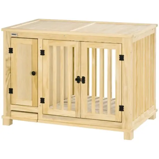 PawHut Small Dog Crate Furniture with Cabinet & Cushion, Wooden Dog Crate End Table with Food Bowl in Drawer, Indoor Dog Kennel Furniture Bed, Natural image {3}