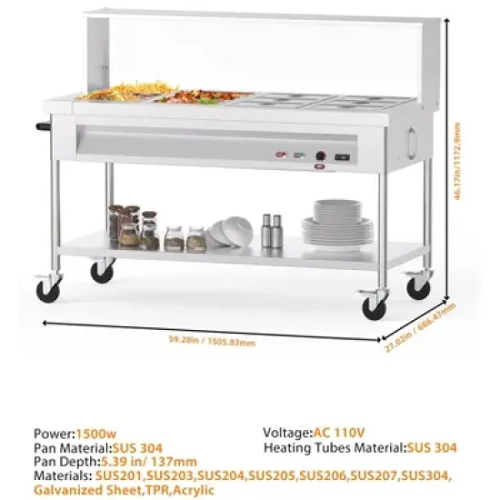 Commercial Food Warmer - 1500W Electric Steam Table with Acrylic Guard, 12-Pan Stainless Steel, (110V) image {3}