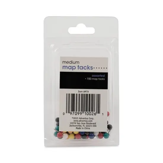 Advantus Map Tacks, Plastic, Assorted, 0.38", 100/Box image {1}