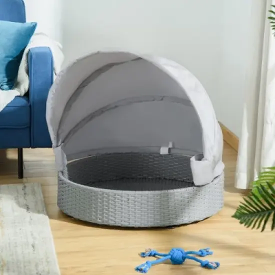 PawHut Wicker Dog Bed Rattan Pet Sofa with Adjustable Canopy Pet House Shelter for Small Dogs with Cushion Indoor Outdoor, Gray image {1}