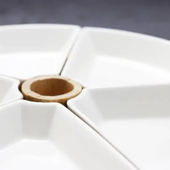 Elama 7pc Stoneware Beautiful Sectional Party Serving Set White - Elama: Round Divided Servers, Bamboo, Microwave & Dishwasher Safe image {2}