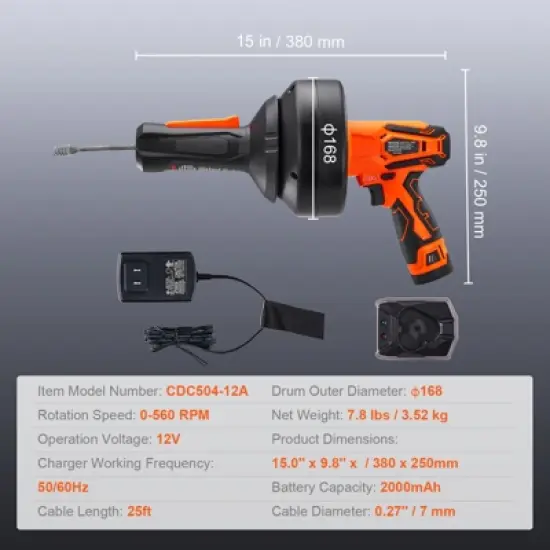 VEVOR 12V Electric Drain Auger, 25FT Cordless Plumbing Snake Auto Feed, Pipeline Snake Drain Clog Remover with Power Drill for 3/4"-2" Pipes, Black image {7}