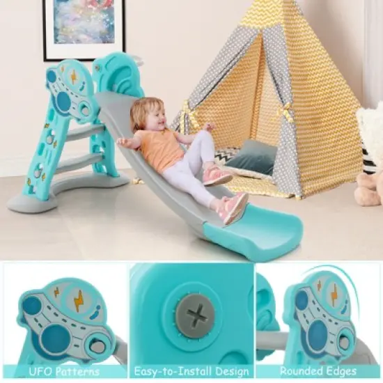 Costway 3-in-1 Kids Indoor Slide with Basketball Hoop & Basketball, Safe Buffer Zone Blue/Pink image {8}