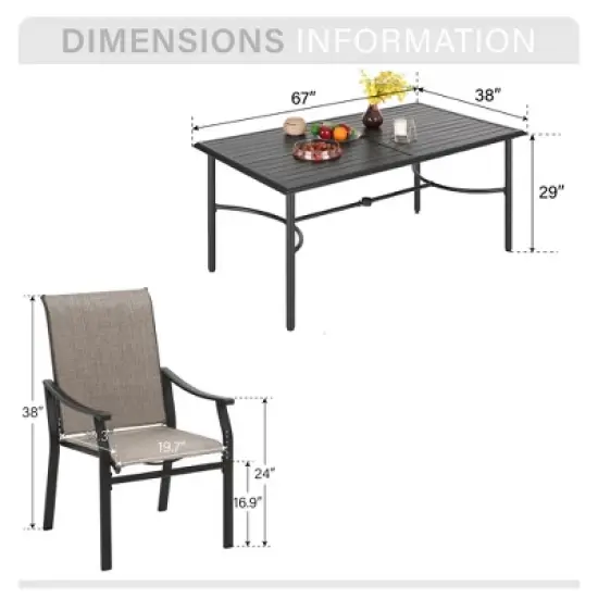 Captiva Designs 7pc Patio Outdoor Dining Rectangle Steel Table with Umbrella Hole & Brown Textilene Arm Chairs image {14}