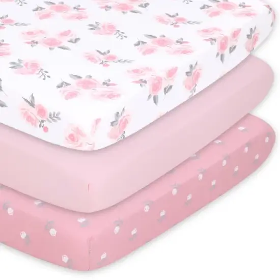 The Peanutshell Mini Crib, Playard Sheets, 3 Pack, Pink Roses/Ditsy Floral | White, Pink, Grey image {7}