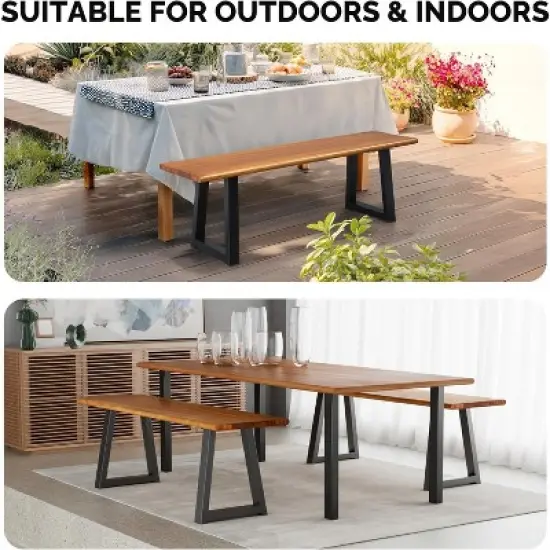 VINGLI 57in Outdoor Bench with Metal Legs, Long Wood Dining Bench Indoor Outdoor, All-Weather Wooden Porch Bench for Yard Garden Patio image {6}