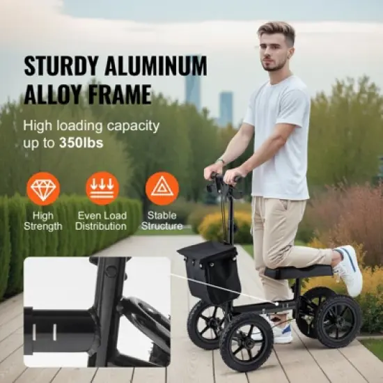 VEVOR Folding Knee Scooter, Aluminum Steerable Knee Walker with Height-Adjustable Handlebar & Knee Pad, 12" All-Terrain Wheels, Dual Brakes, 350LBS image {2}