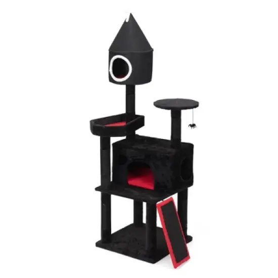 DOMETOUR Gothic Cat Tree with Coffin Bed, 64in Black Cat Tower with Condo, Platform, Sisal Scratching Posts, Perch, Ramp, Toy, Cat House for Indoor image {3}