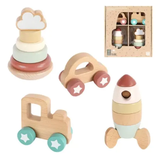 Freniland&trade; - Wooden Stacking Rocket & Vehicles Toy Set, 4 Piece Developmental Gift Box for 10M+ Toddlers image {4}