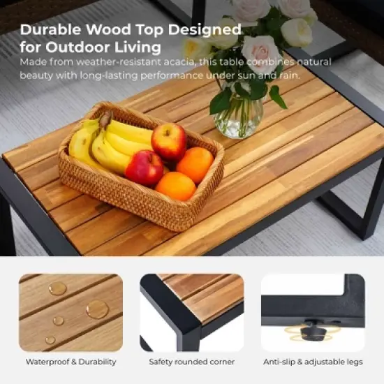 Aukfa Modern Weave 4-Piece Outdoor Patio Conversation Set with Cushions and Wood-Top Coffee Table - Noir Garden Sofa & Chair Set image {6}