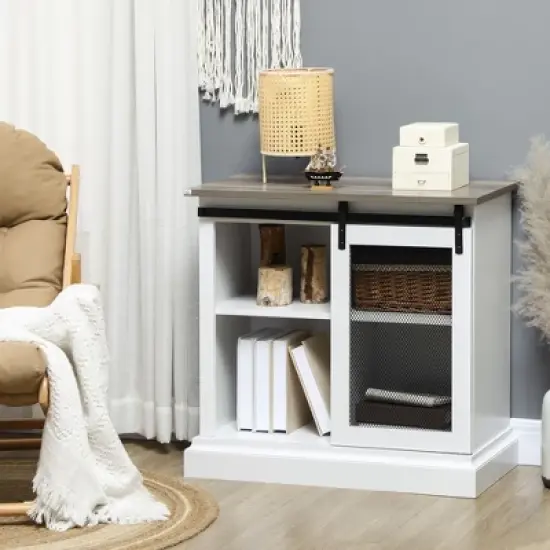 HOMCOM Farmhouse Kitchen Sideboard, Buffet Cabinet with Sliding Barn Door and Adjustable Shelves for Living Room image {1}