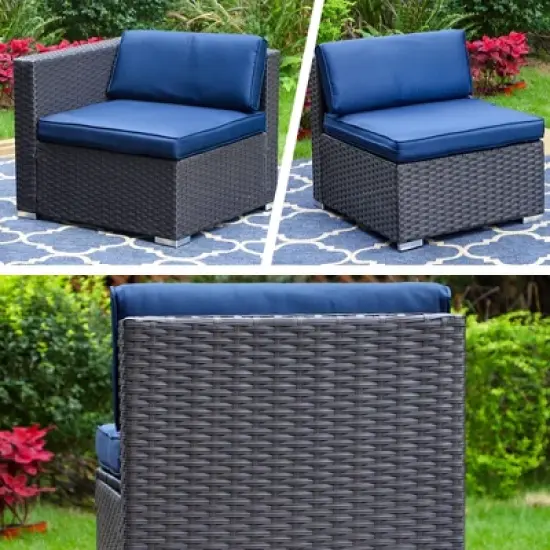 6pc Steel & Wicker Outdoor Set with Square Coffee Table & Cushions Blue - Captiva Designs image {2}