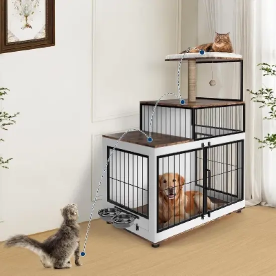 Dog Crate Large Furniture Kennel XL, with Cat Scratching Post Resting Platform, 2 Food Bowl, 2 in 1 Wooden Pet Cage House for with Both Dogs and Cats image {7}