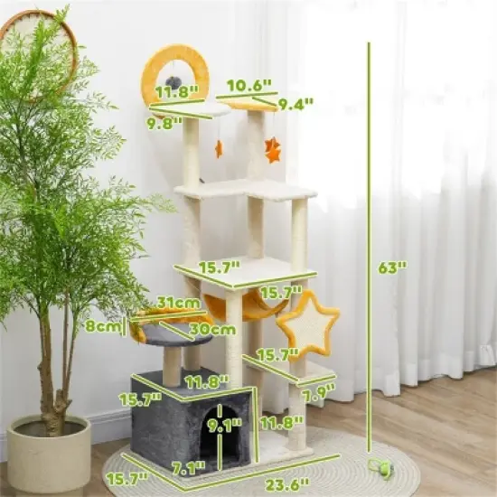 DOMETOUR 63 Inch Cute Cat Tree Cat Tower for Kitty, Cat Climbing Frame with Scratching Post, Cat Condo, Plush Perch, Hammock image {3}