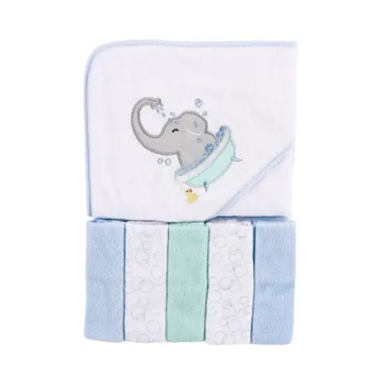 Luvable Friends Baby Boy Hooded Towel with Five Washcloths, Elephant Bath, One Size image {1}