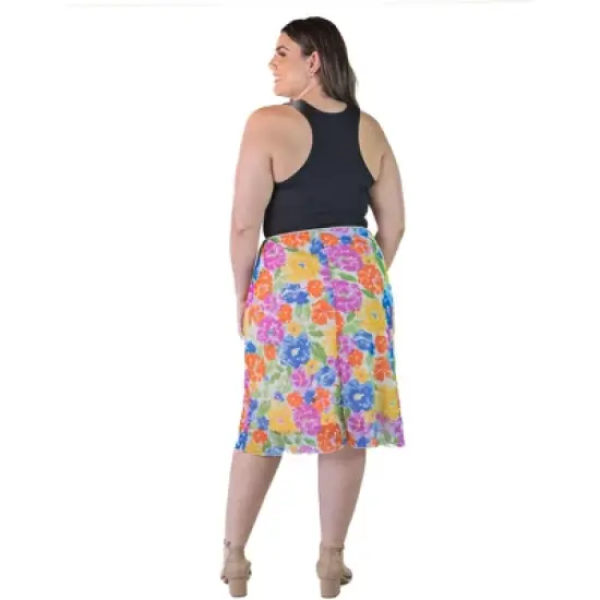 Plus Size Sheer Overlay Colorful Floral Elastic Waist Knee Length Skirt image {1}