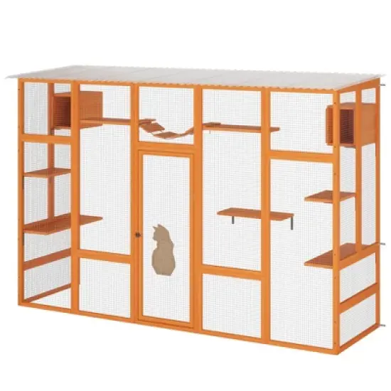FURNIinspire Pet Crates and Houses, Cat Enclosure,  6 Jumping Platforms, 2 Cat Condos, Cat Bridge and Scratching Board, Orange, 104.3"*35.4"*72.1" image {5}