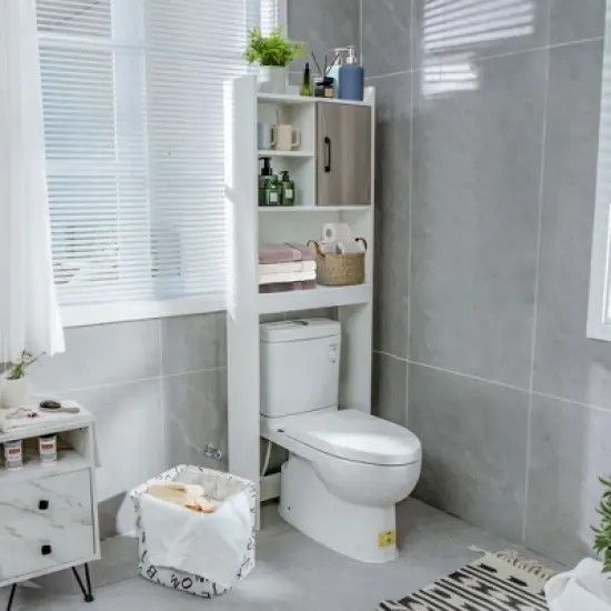 Costway Over The Toilet Storage Cabinet Bathroom Space Saver w/ Open Shelves & Door image {1}
