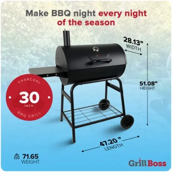 Grill Boss 30 Inch Barrel Charcoal Grill with Adjustable Grate, Large Cooking Area, Built In Temperature Gauge, and Durable Cast Iron Grates, Black image {1}