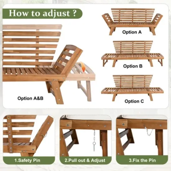 GDFStudio Webster Outdoor Expandable Acacia Wood 81" Sofa with Adjustable Sides and Cushions image {2}