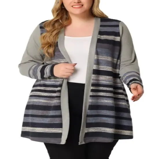 Agnes Orinda Women's Plus Size Long Open Front Striped Sweater Knit Cardigans image {6}