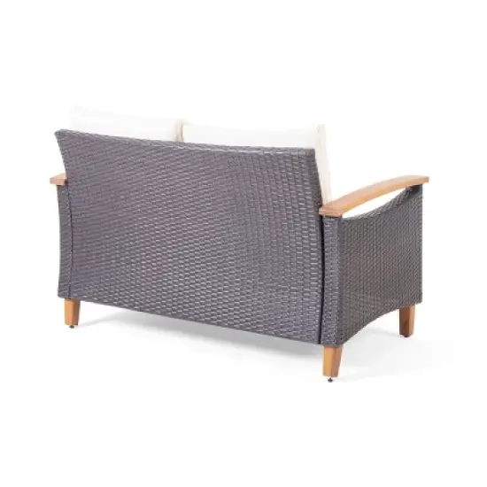 Isla Outdoor 4 Seater Chat Set with Coffee Table - Brown/Beige/Teak - Christopher Knight Home image {5}