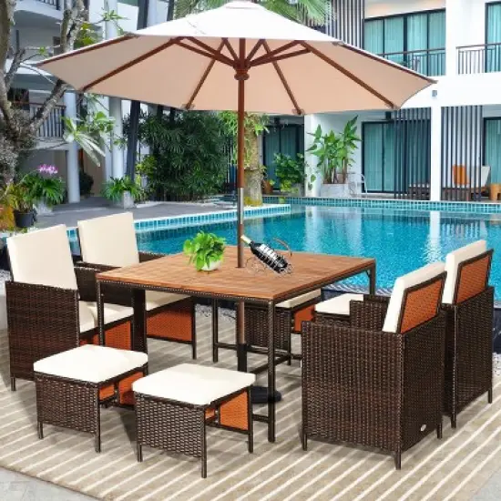 Tangkula 9-Piece Outdoor Patio Dining Set Conversation Furniture with Removable Cushions White image {1}