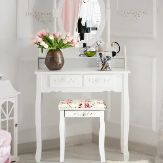 Costway Vanity Wood Dressing Stool Padded Chair Makeup Cushion White Backless image {5}