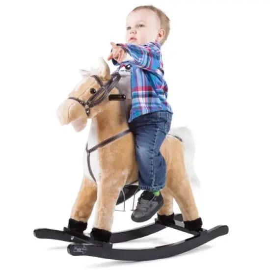 Toy Time Kids Plush Ride-On Rocking Horse on Wooden Rockers with Sounds, Stirrups, Saddle, and Reins - Brown image {2}