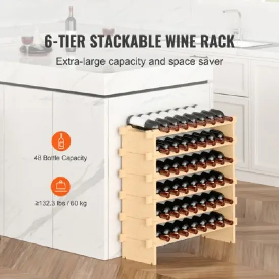 VEVOR 48 Bottle Stackable Modular Wine Rack, 6-Tier Solid Bamboo Wood Storage Racks, Floor Freestanding Wines Holder Display Shelf, Natural Color image {2}