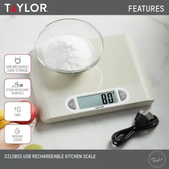 Taylor 11lb Digital Kitchen Food Scale USB with Ocean Bound Plastic Cream: Rechargeable LCD Display, 11lb Capacity image {2}