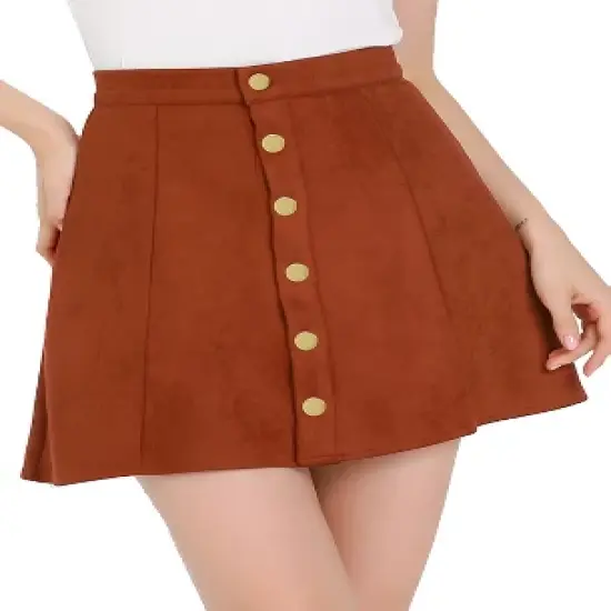 Allegra K Women's Faux Suede Button Closure A-Line High Waisted Flared Mini Short Skirt image {6}