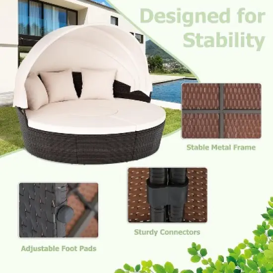 Tangkula Patio Round Daybed with Retractable Canopy PE Rattan Cushioned Sectional Seating with Center Table Couch & Throw Pillows Outdoor Sunbed image {2}