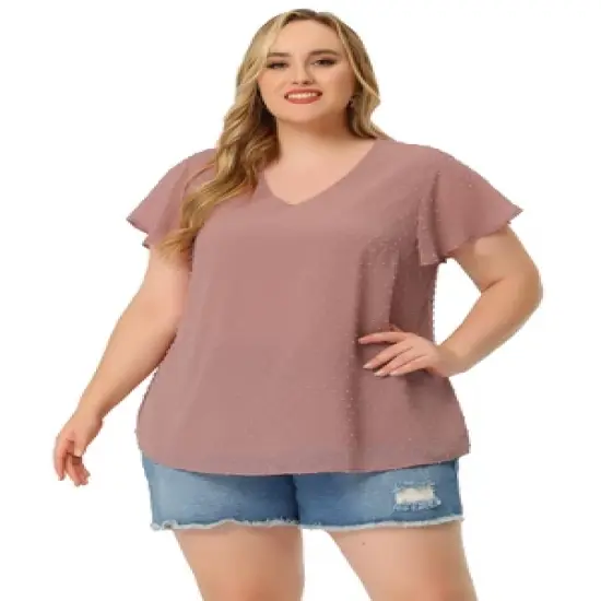 Agnes Orinda Plus Size Blouses for Women Tired Flare Sleeve V Neck Swiss Dots Tops image {2}