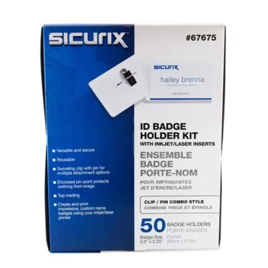 SICURIX Clip/Pin Style ID Badge Holder Kit with Printable Inserts, 3-1/2" x 2-1/4", Pack of 50 image {3}