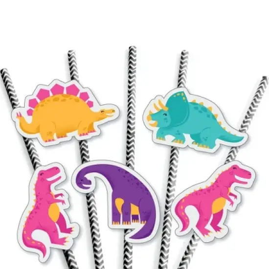 Big Dot of Happiness Roar Dinosaur Girl - Paper Straw Decor - Dino Mite T-Rex Baby Shower or Birthday Party Striped Decorative Straws - Set of 24 image {4}