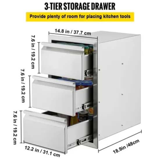 VEVOR Outdoor Kitchen Drawers 14.7\" W x 25.4\" H x 18.7\" D, Box Frame Style Flush Mount BBQ Drawers with Stainless Steel Handle, Silver image {4}