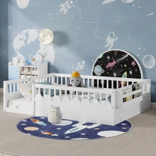 JUJABU Full Wood Floor Bed Frame with High Rails, Built-In Light & Storage Shelf for Kids image {12}