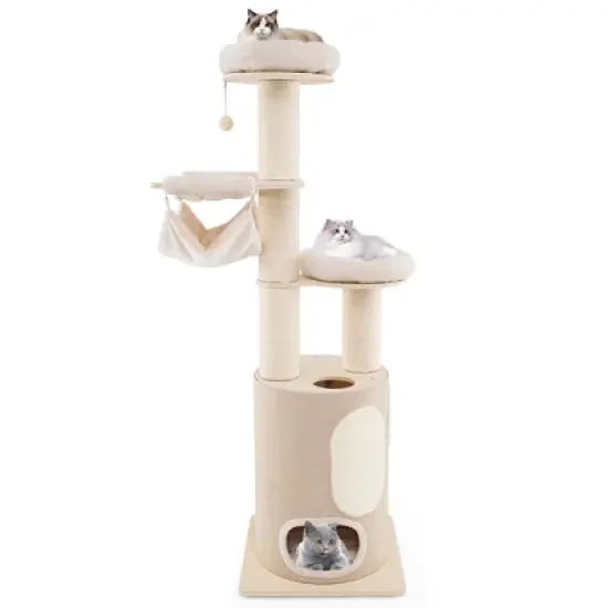 Tangkula 74" Tall Wooden Cat Tower Tree w/ 2-Story Cat Condo 2-Style Hammocks image {10}