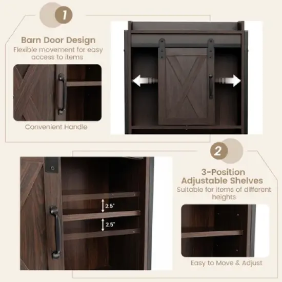 Costway Over-The-Toilet Storage Cabinet Bathroom Organizer w/ Sliding Barn Door Rustic\Espresso image {4}
