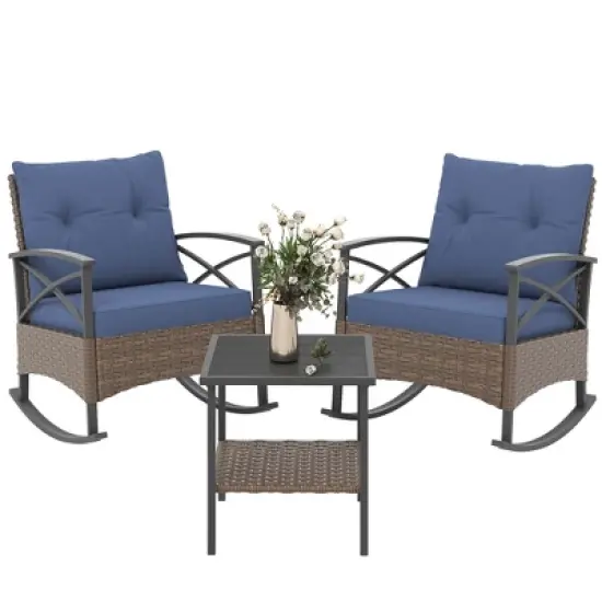 Outsunny 3 Piece Rocking Wicker Bistro Set, Outdoor Patio Furniture Set with two Porch Rocker Chairs, Cushions, Two-Tier Coffee Table image {7}