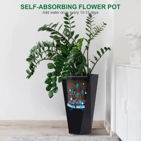 Acekool Set of 2 Self-Watering 16" Tall Planters with Wheels, Water Level Monitor, Large Indoor Outdoor Flower Pots, Drainage, Black image {4}