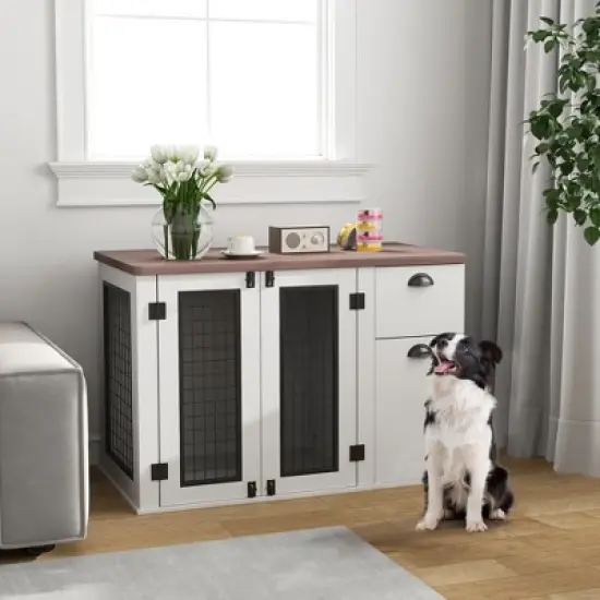 PawHut Furniture Dog Crate, 44" Dog Kennel Furniture End Table with Double Door, Storage & Drawer, Dog Crate Furniture for Medium Dogs, White image {1}