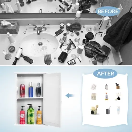 Costway Bathroom Wall Medicine Cabinet Single Mirror Door Cupboard Storage Wood Shelf White image {4}